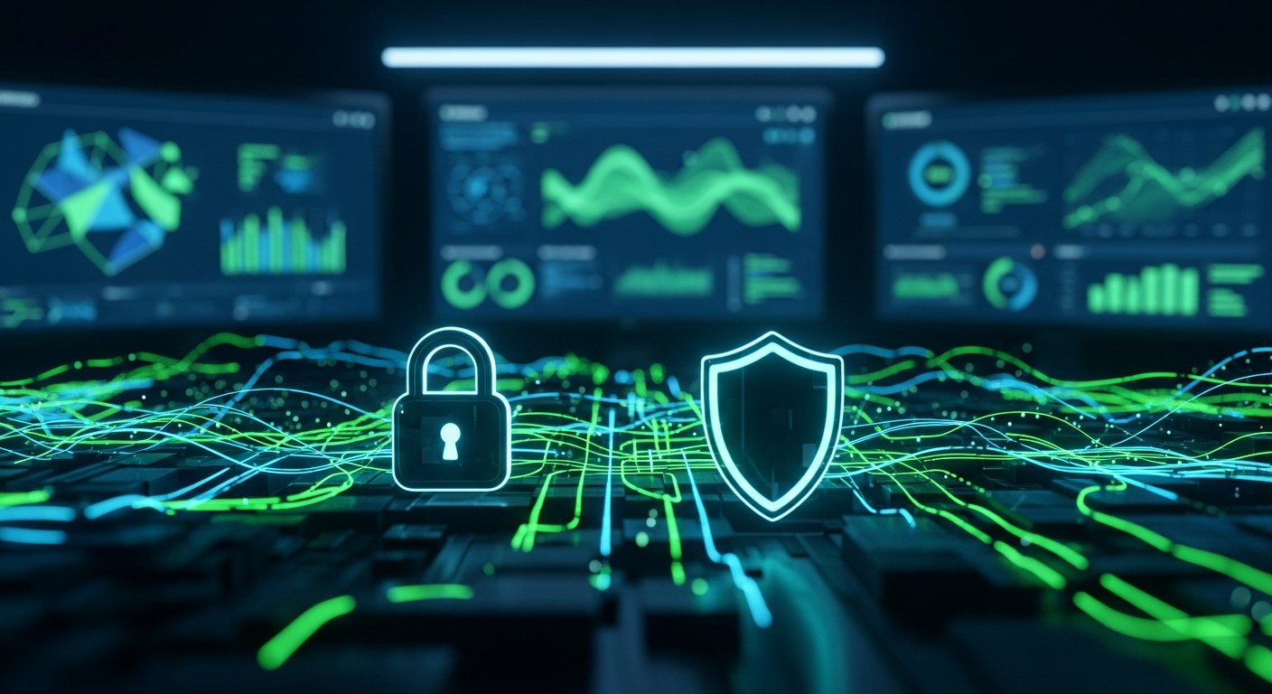 Abstrakter dunkler Cybersecurity-Hintergrund mit gruenen Datenstroemen