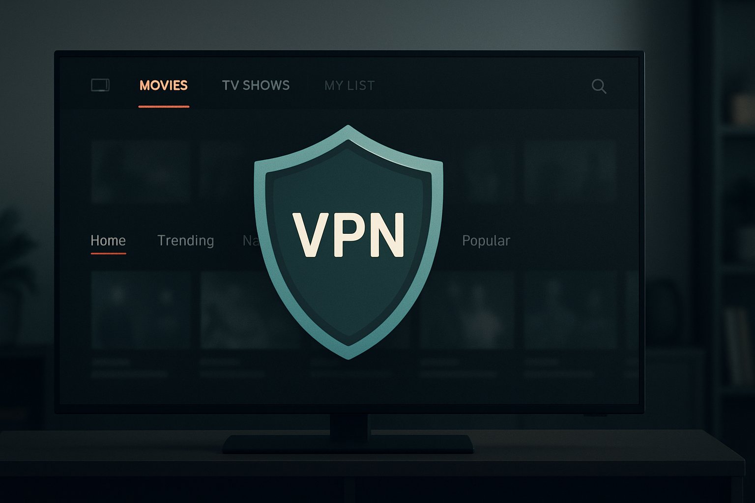 Editorial illustration of streaming TV with VPN shield overlay for Netflix VPN compatibility test